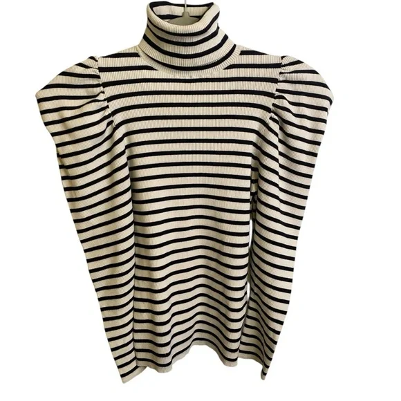 A.L.C. Baker Puffed Shoulders Black and White Striped Turtleneck Sweater - Picture 11 of 16